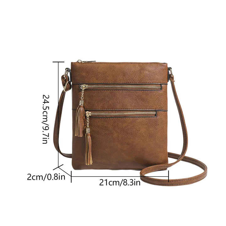 Borsa a tracolla in pelle marrone con doppia cerniera, dimensioni 24,5x21x2 cm, design elegante e pratico, ideale per donna.