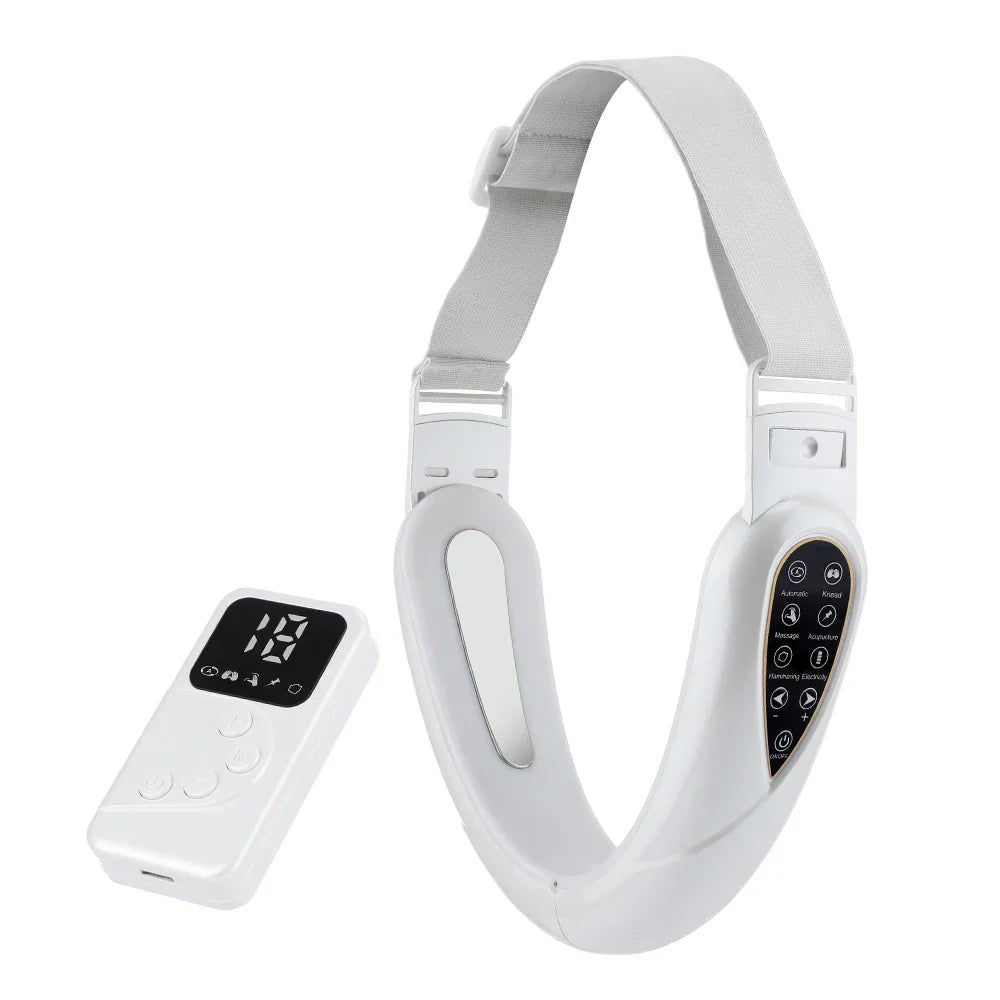 Collare massaggiante cervicale bianco con telecomando, display LED e pulsanti multifunzione. Dispositivo per sollievo dal dolore al collo.