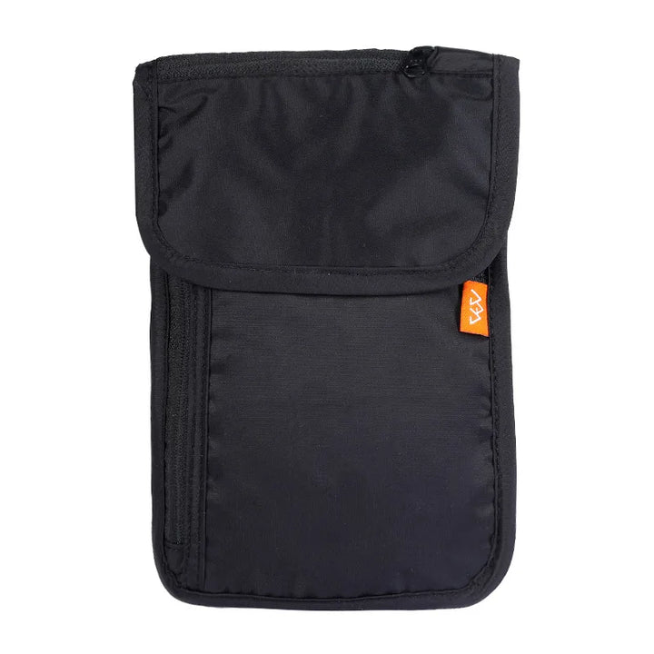 Custodia nera per passaporto con chiusura a zip, design compatto e resistente, ideale per viaggi, protezione documenti, accessorio da viaggio essenziale.