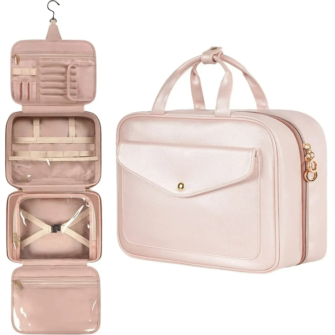 Borsa da viaggio rosa con gancio, scomparti multipli, tasche trasparenti e chiusura a zip. Ideale per cosmetici e accessori da bagno.