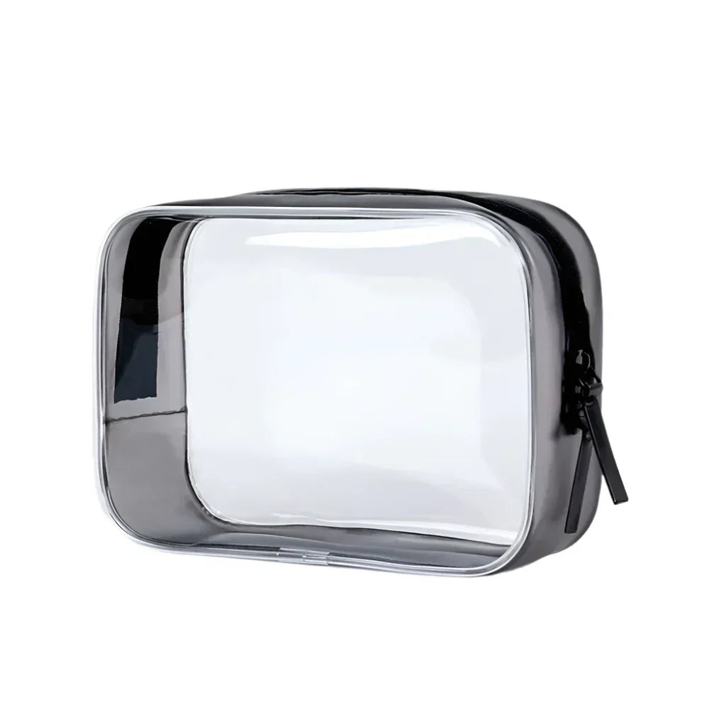 Astuccio trasparente da viaggio in PVC, impermeabile, con cerniera nera. Ideale per articoli da toeletta, cosmetici, accessori. Dimensioni compatte.