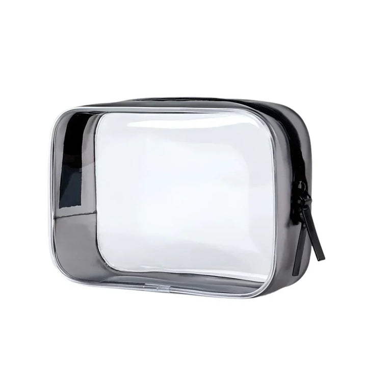 Astuccio trasparente da viaggio in PVC, impermeabile, con cerniera nera. Ideale per articoli da toeletta, cosmetici, accessori. Dimensioni compatte.