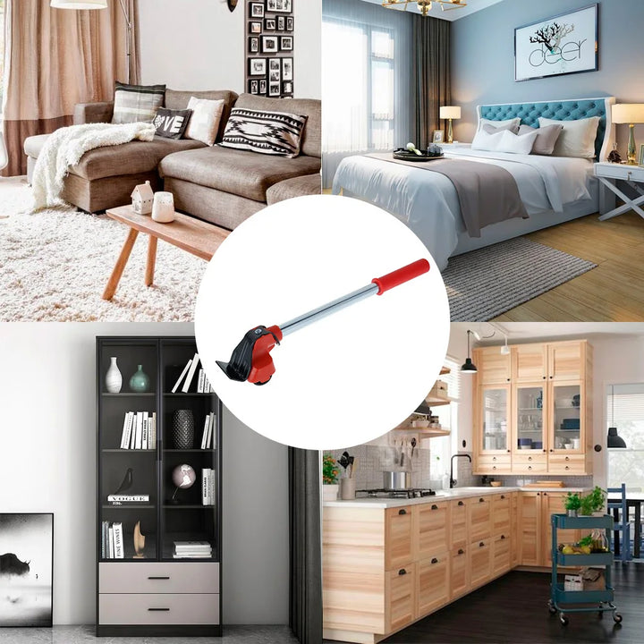 Morsetto a barra in metallo con impugnatura rossa, ideale per falegnameria e bricolage. Sfondo con interni moderni: soggiorno, camera da letto, cucina.