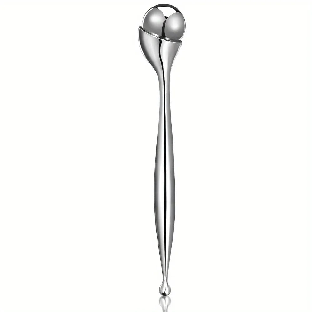 Rullo massaggio viso in acciaio inossidabile, design ergonomico, strumento bellezza per lifting e tonificazione pelle, anti-età, cura viso.
