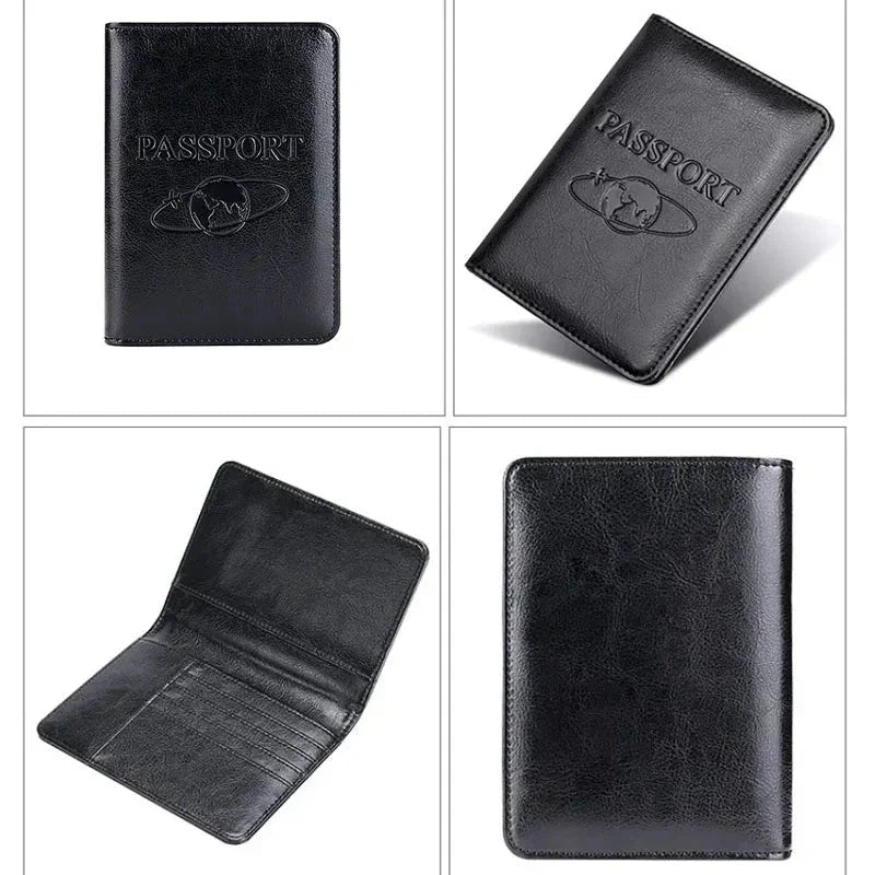 Custodia passaporto in pelle nera, elegante e resistente, con scomparti interni per carte. Accessorio da viaggio essenziale e di alta qualità.