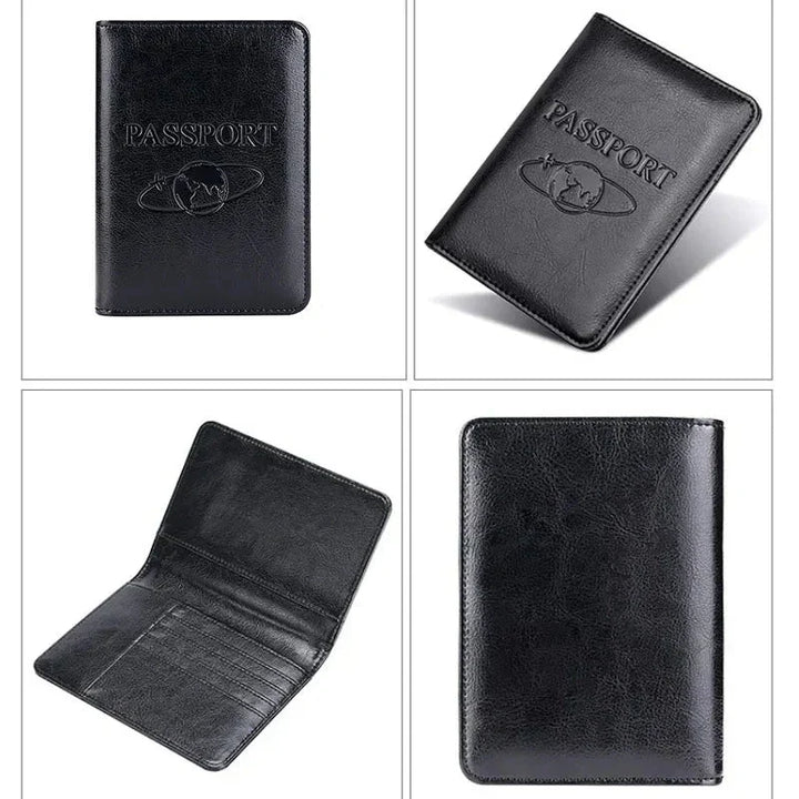 Custodia passaporto in pelle nera, elegante e resistente, con scomparti interni per carte. Accessorio da viaggio essenziale e di alta qualità.