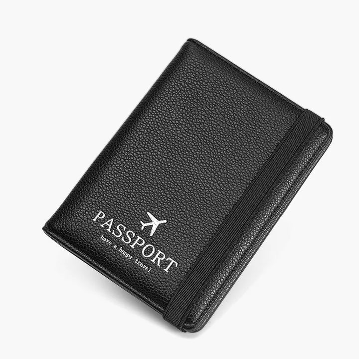 Porta passaporto in pelle nera con elastico, design elegante, ideale per viaggiatori. Accessorio viaggio essenziale, alta qualità e stile.