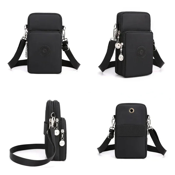 Borsa a tracolla nera multifunzione in nylon, design compatto, con cerniere e tasche multiple, ideale per smartphone e accessori.