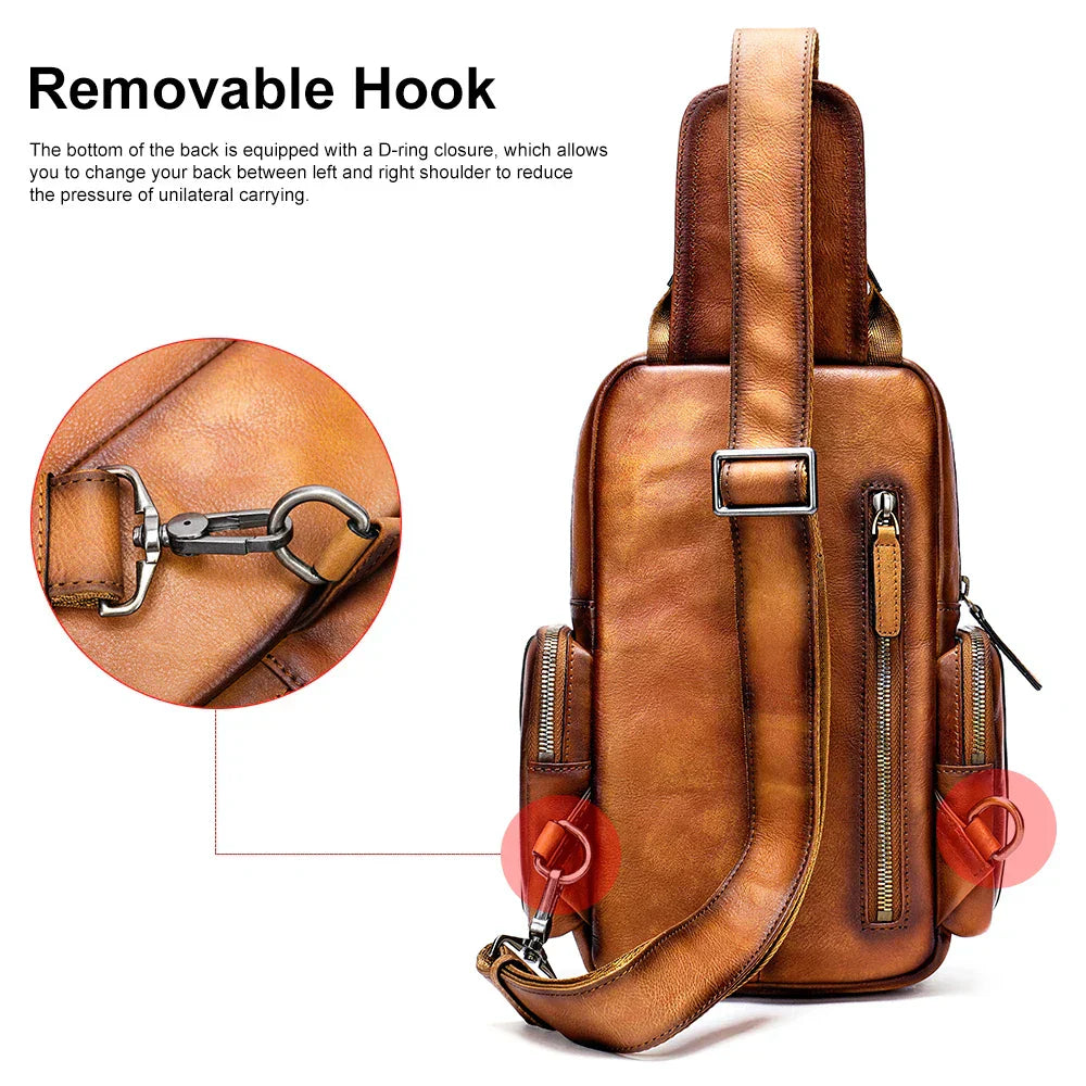 Zaino in pelle marrone con gancio rimovibile, chiusura a D-ring, tasche con zip, design ergonomico per ridurre la pressione, ideale per viaggi.