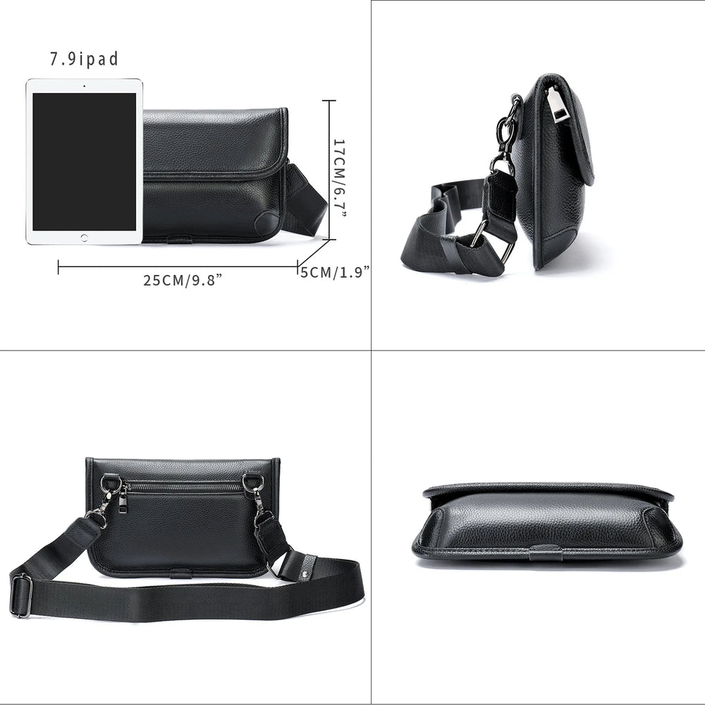 Borsa a tracolla in pelle nera, compatibile con iPad 7.9", dimensioni 25x17x5 cm, design elegante e funzionale, ideale per uomo e donna.