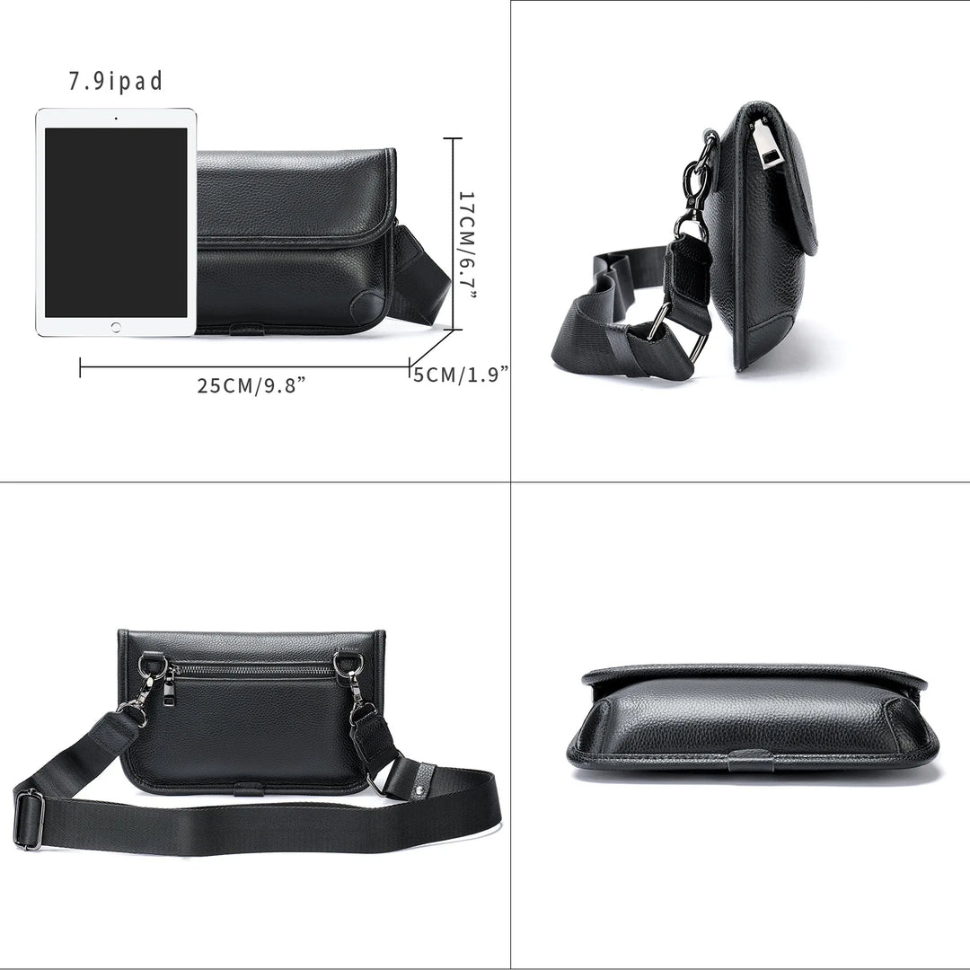 Borsa a tracolla in pelle nera, compatibile con iPad 7.9", dimensioni 25x17x5 cm, design elegante e funzionale, ideale per uomo e donna.