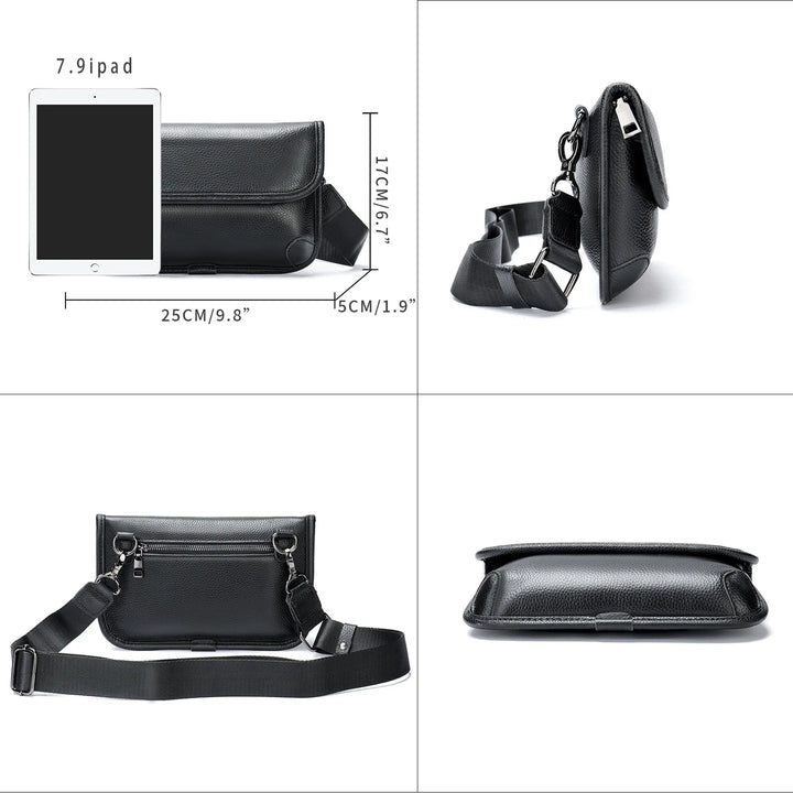 Borsa a tracolla in pelle nera, compatibile con iPad 7.9", dimensioni 25x17x5 cm, design elegante e funzionale, ideale per uomo e donna.
