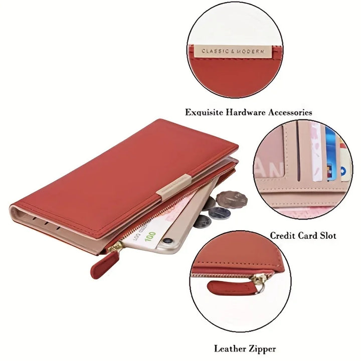 Portafoglio in pelle rosso con cerniera, slot per carte di credito, accessori hardware di qualità, compatibile con smartphone. Elegante e funzionale.