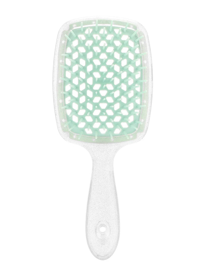 Spazzola per capelli quadrata con setole verdi, manico ergonomico bianco. Ideale per districare e lisciare, accessorio essenziale per la cura dei capelli.