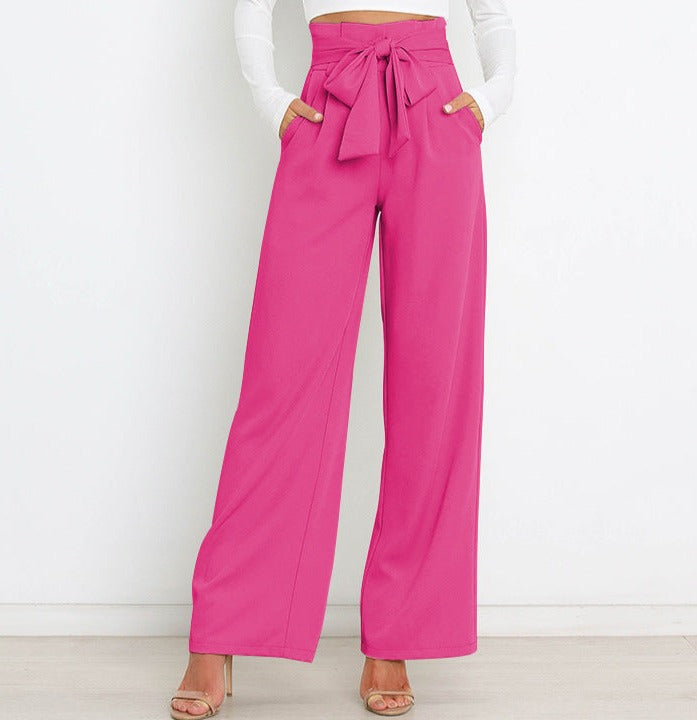 Pantaloni Donna Vita Alta Larga con Cintura a Nastro