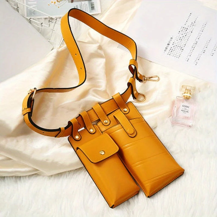 Borsa a tracolla gialla in pelle PU con doppia tasca, design moderno e funzionale, ideale per moda donna. Accessorio elegante e pratico.