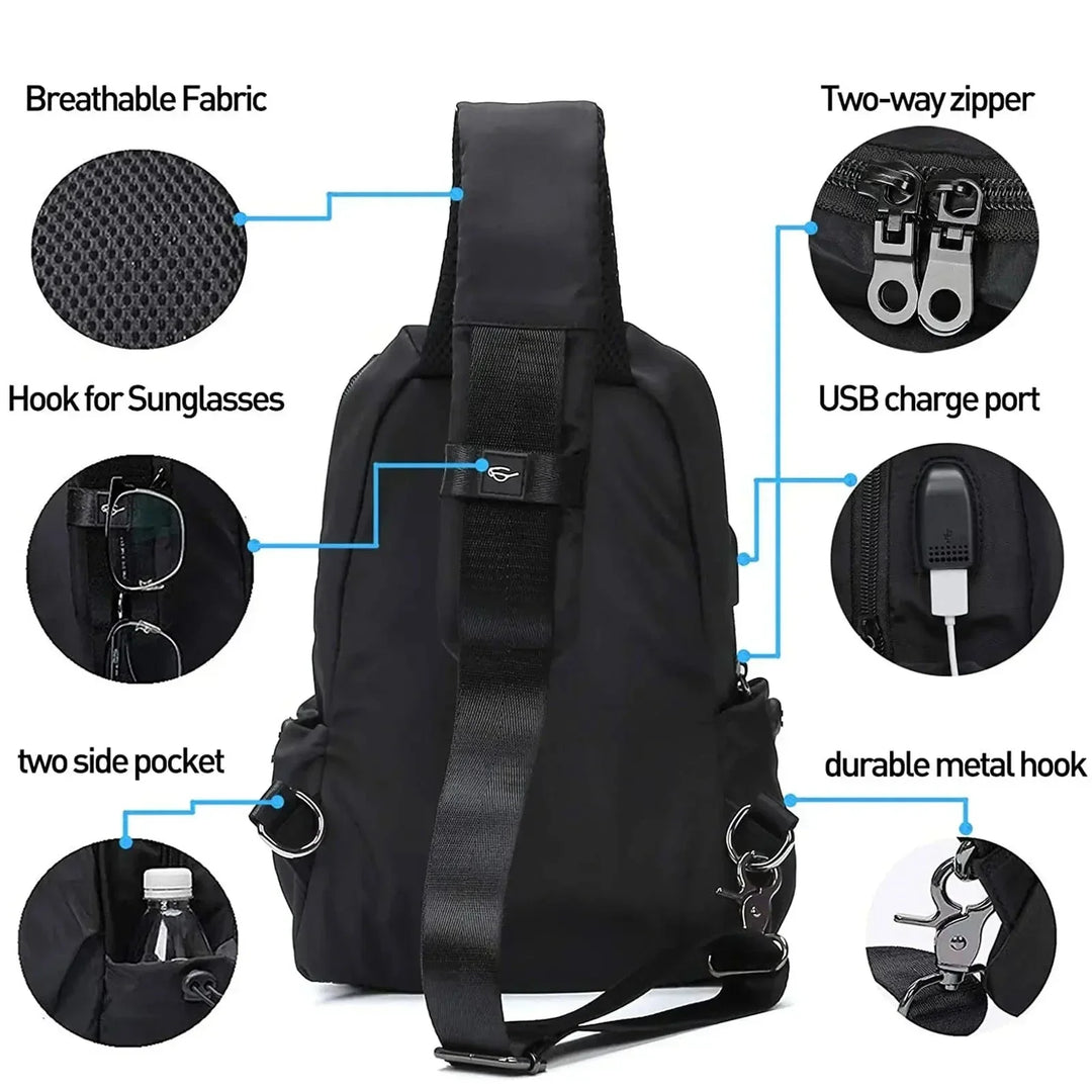 Zaino monospalla nero con porta USB, tessuto traspirante, cerniera a due vie, ganci per occhiali e metallo, tasche laterali. Perfetto per viaggi e lavoro.