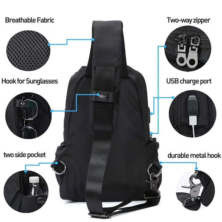 Zaino monospalla nero con porta USB, tessuto traspirante, cerniera a due vie, ganci per occhiali e metallo, tasche laterali. Perfetto per viaggi e lavoro.