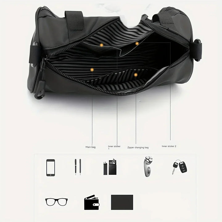 Borsone nero in pelle con scomparti interni, cerniera, tasche per occhiali, portafoglio, chiavi, smartphone. Design elegante e funzionale.