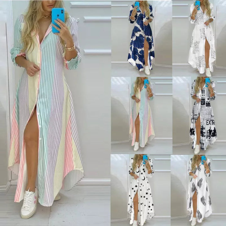 Abito lungo da donna con stampa a righe multicolore e varianti floreali, giornale, stelle. Design casual, maniche lunghe, spacco frontale.
