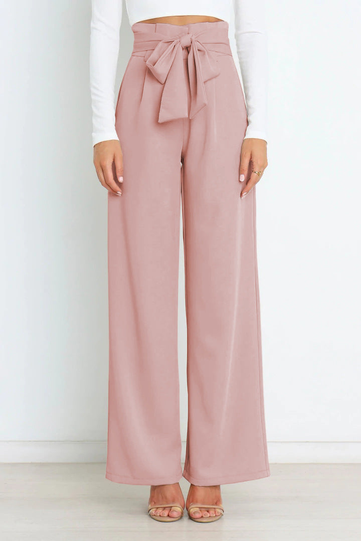 Pantaloni Donna Vita Alta Larga con Cintura a Nastro