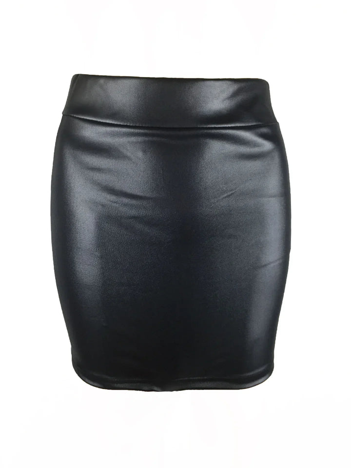 Gonna nera in ecopelle, design a tubino, vita alta, elegante e moderna. Perfetta per look casual o formali. Moda donna, abbigliamento trendy.