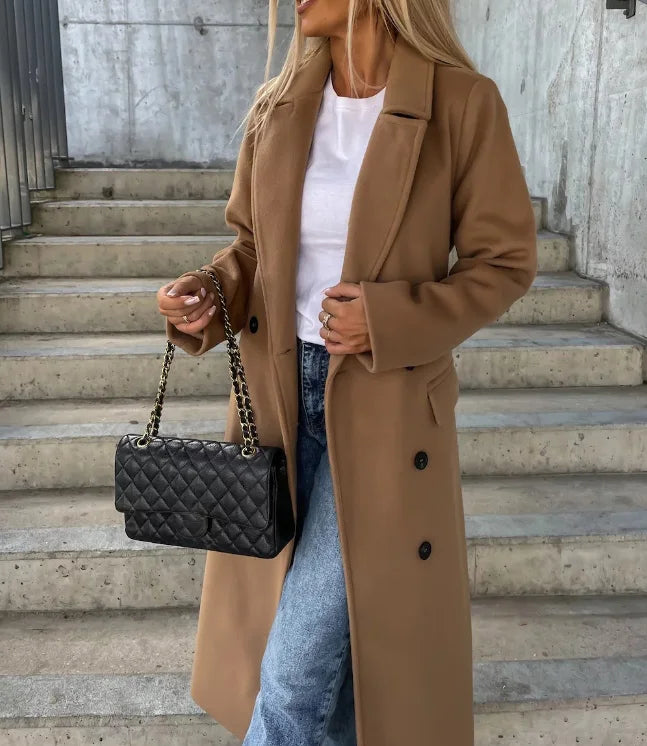 Cappotto Lungo Donna Doppiopetto Caldo con Cintura Classico