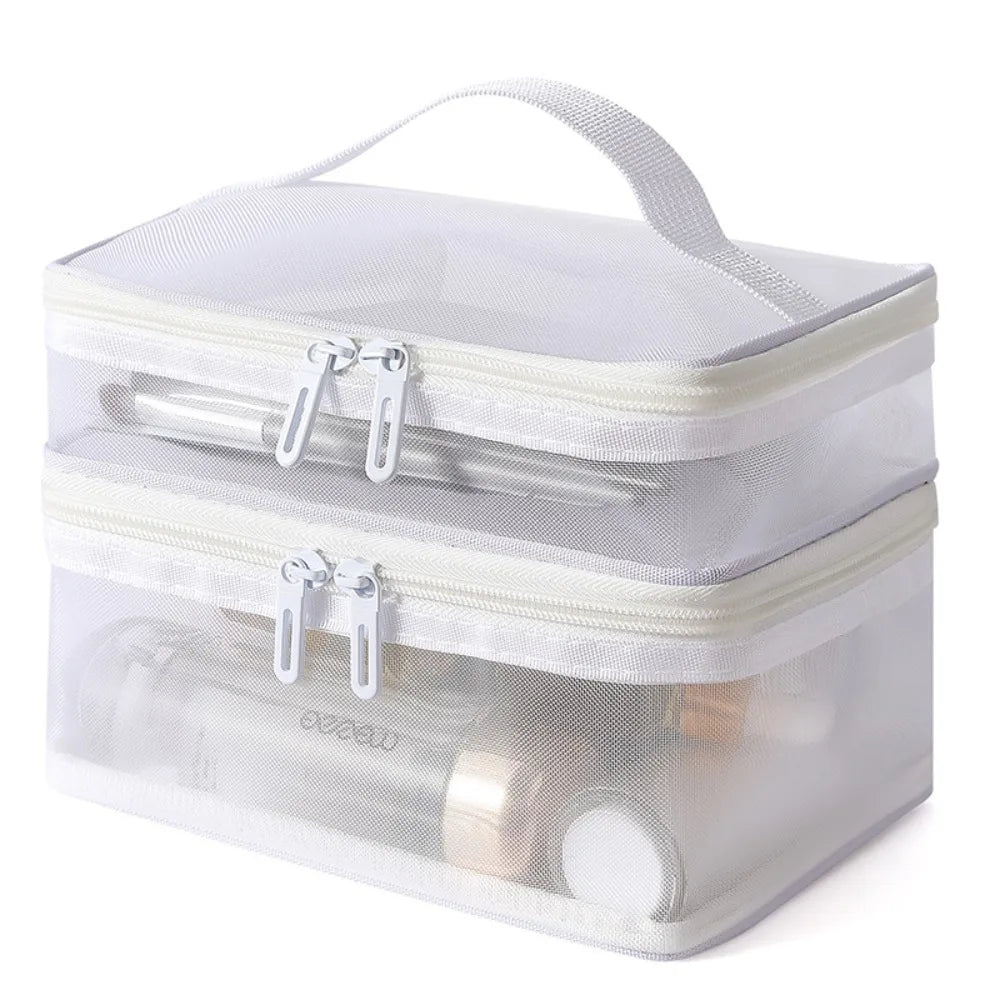 Borsa trasparente da viaggio con doppia cerniera, ideale per cosmetici e articoli da toeletta. Design compatto, resistente e impermeabile.