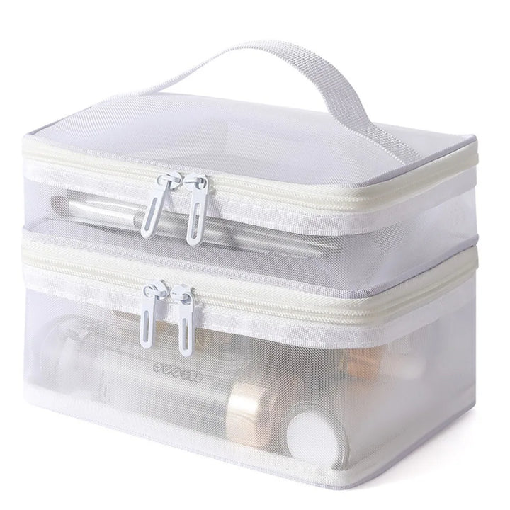 Borsa trasparente da viaggio con doppia cerniera, ideale per cosmetici e articoli da toeletta. Design compatto, resistente e impermeabile.