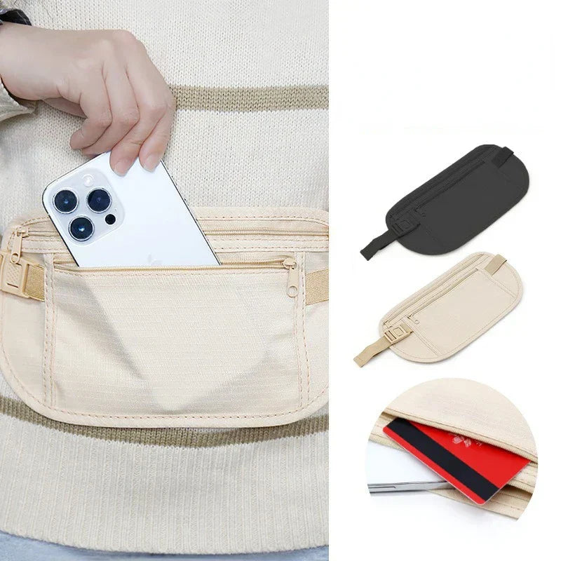Marsupio beige in tessuto con tasca frontale, ideale per smartphone e carte. Disponibile in vari colori. Accessorio pratico e versatile.