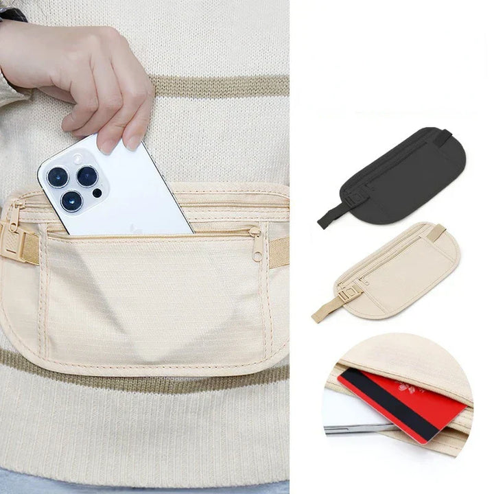 Marsupio beige in tessuto con tasca frontale, ideale per smartphone e carte. Disponibile in vari colori. Accessorio pratico e versatile.