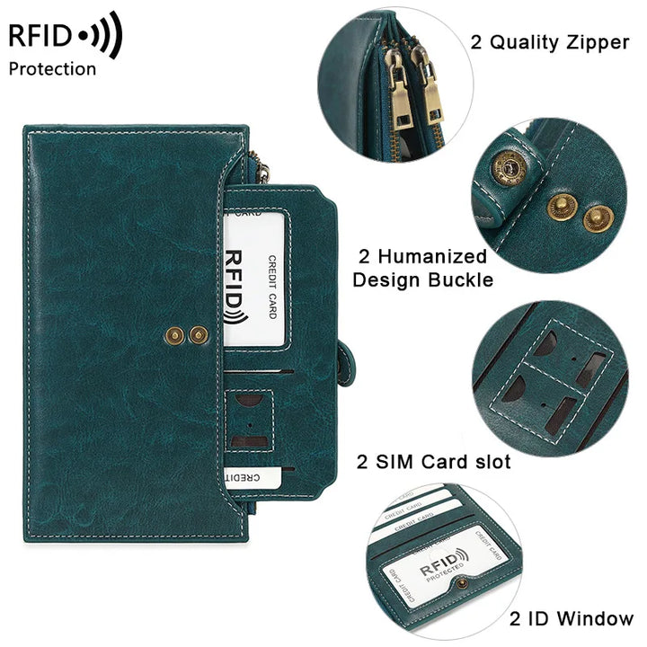 Portafoglio in pelle verde con protezione RFID, doppia cerniera di qualità, fibbia umanizzata, slot per 2 SIM, 2 finestre ID, design elegante.
