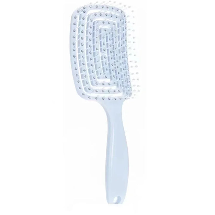 Spazzola per capelli bianca con setole flessibili, design ventilato per asciugatura rapida, manico ergonomico. Ideale per districare e styling.