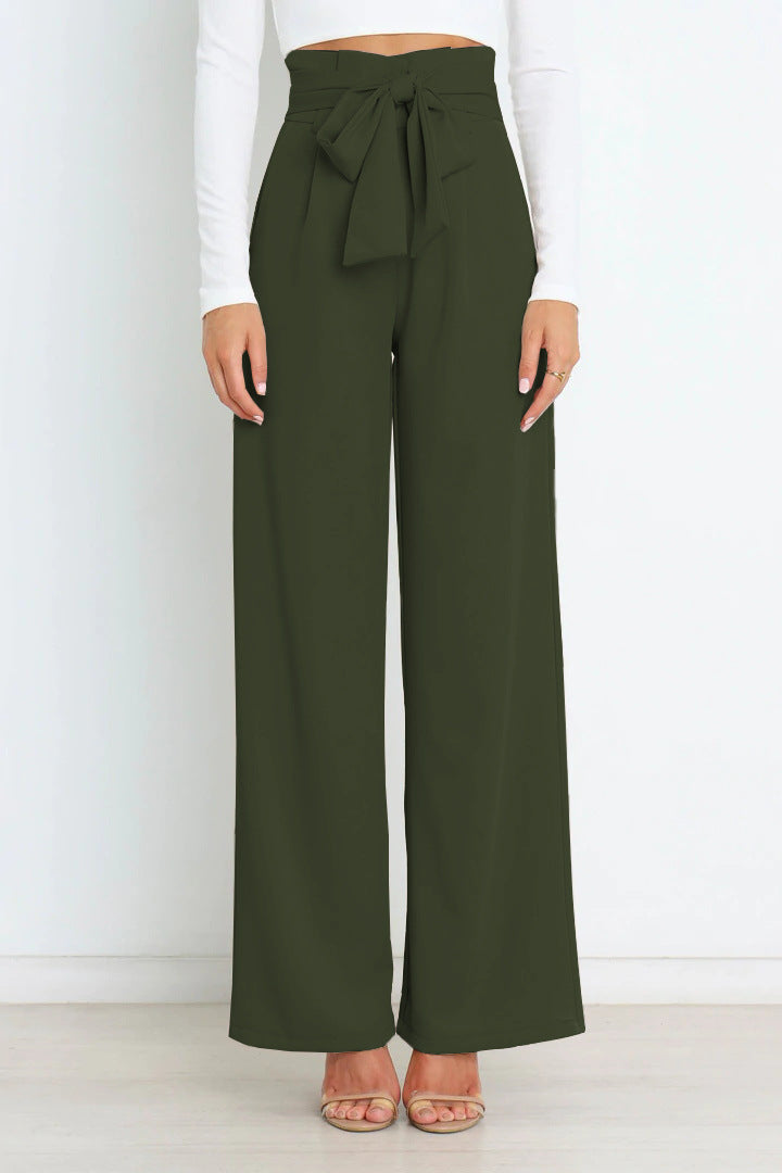 Pantaloni Donna Vita Alta Larga con Cintura a Nastro