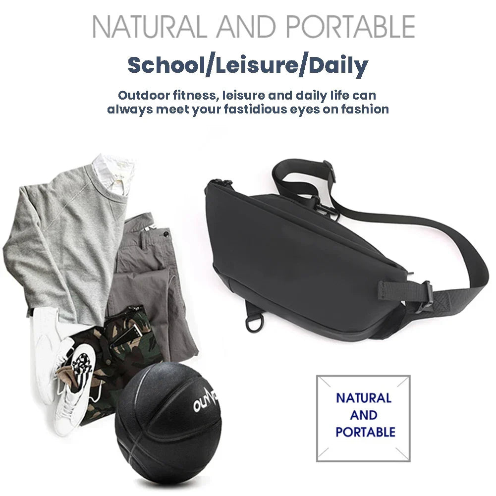 Borsa a tracolla nera per attività quotidiane, scuola e tempo libero, con abbigliamento casual grigio e bianco, pantaloni mimetici e palla da basket.