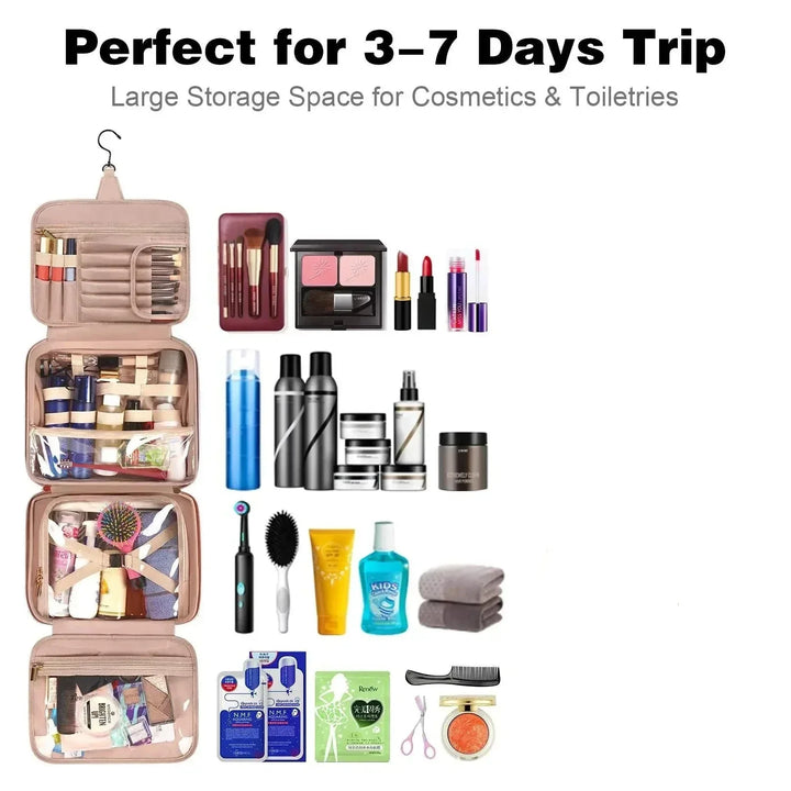 Organizer da viaggio per cosmetici e articoli da toeletta, ideale per viaggi di 3-7 giorni. Ampio spazio di archiviazione, design appeso, tasche multiple.