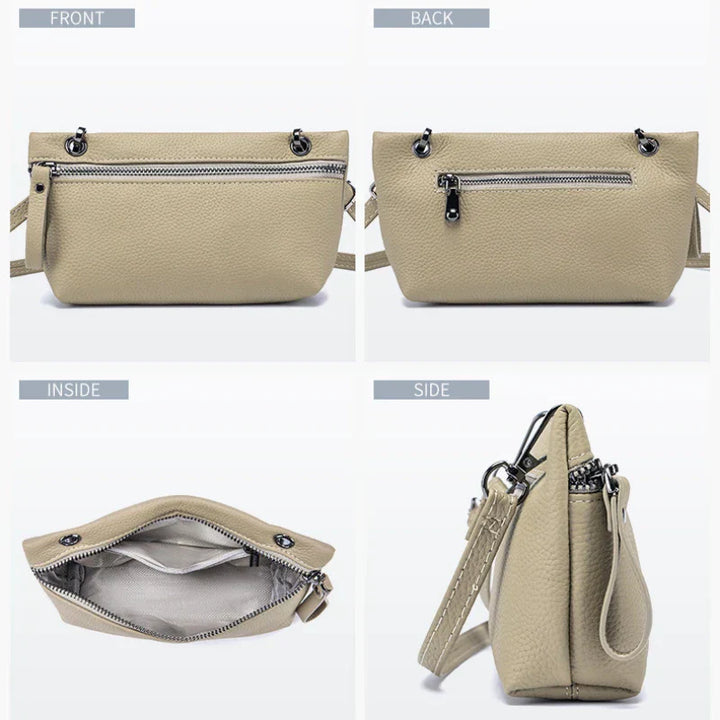Borsa a tracolla beige in pelle sintetica, vista frontale, posteriore, interna e laterale. Design elegante con zip, ideale per moda donna.