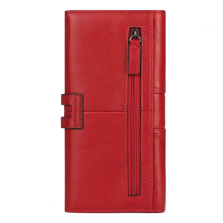Portafoglio donna in pelle rossa con cerniera verticale, design elegante e moderno, ideale per moda e accessori, alta qualità e stile.