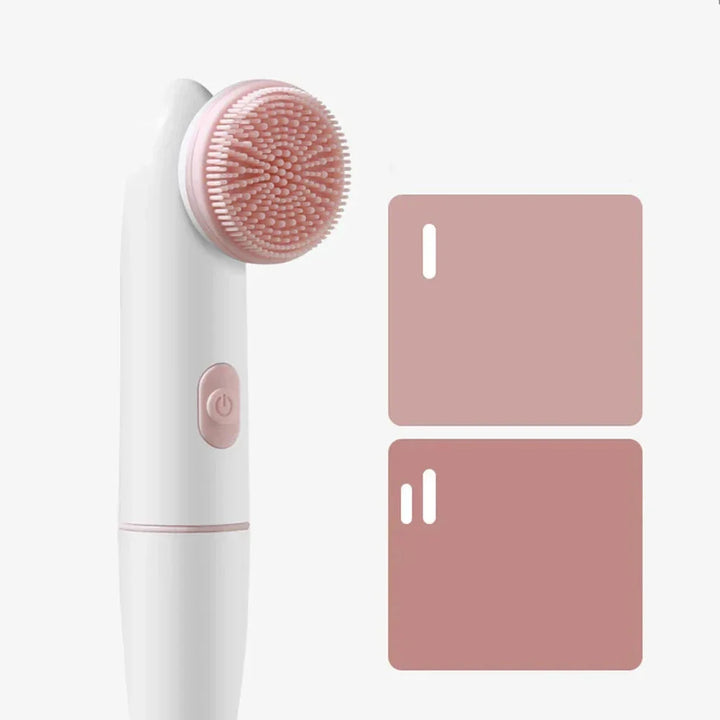 Spazzola elettrica per pulizia viso bianca e rosa, con testina in silicone, design ergonomico, pulsante di accensione, ideale per cura della pelle.