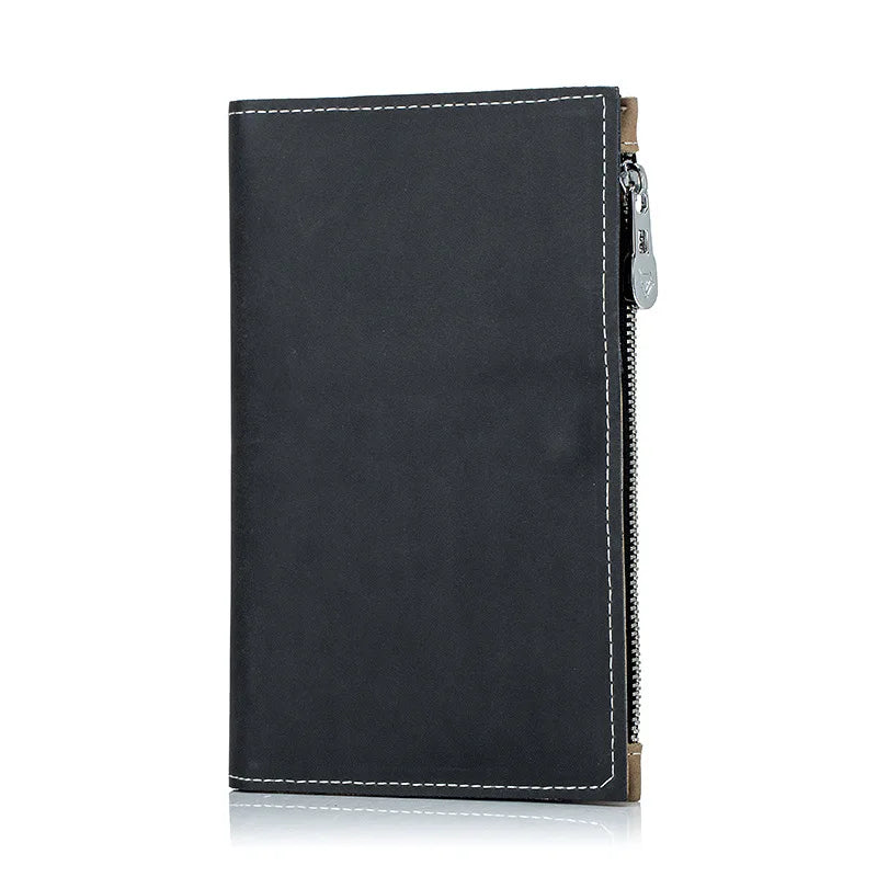 Portafoglio uomo in pelle nera con cerniera, design elegante e cuciture bianche, accessorio moda, alta qualità, ideale per regali.