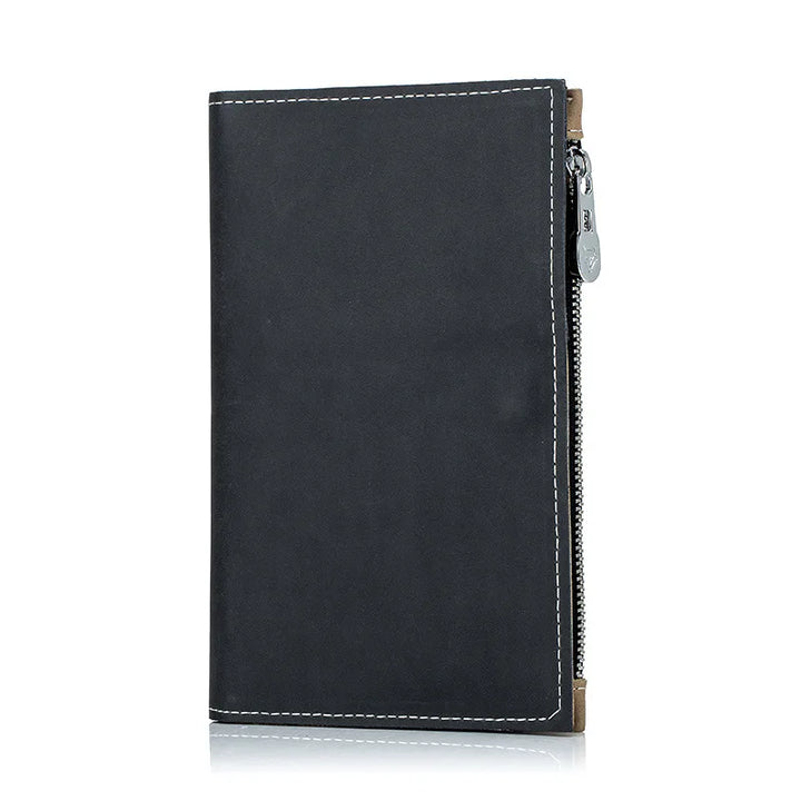 Portafoglio uomo in pelle nera con cerniera, design elegante e cuciture bianche, accessorio moda, alta qualità, ideale per regali.