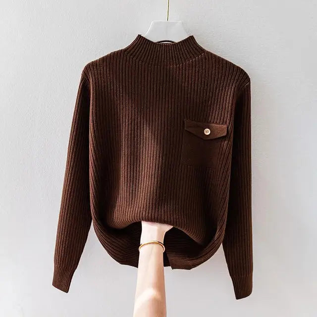 Maglione Donna a Collo Alto Maglia a Coste Maniche Lunghe Comodo