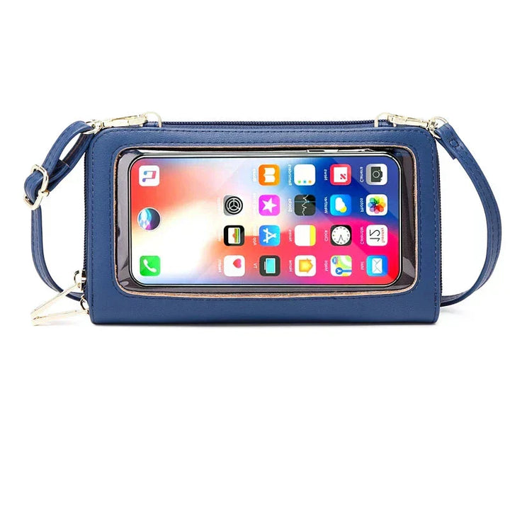 Custodia portafoglio blu per smartphone con finestra trasparente, tracolla regolabile, compatibile con vari modelli di telefono, design elegante e pratico.