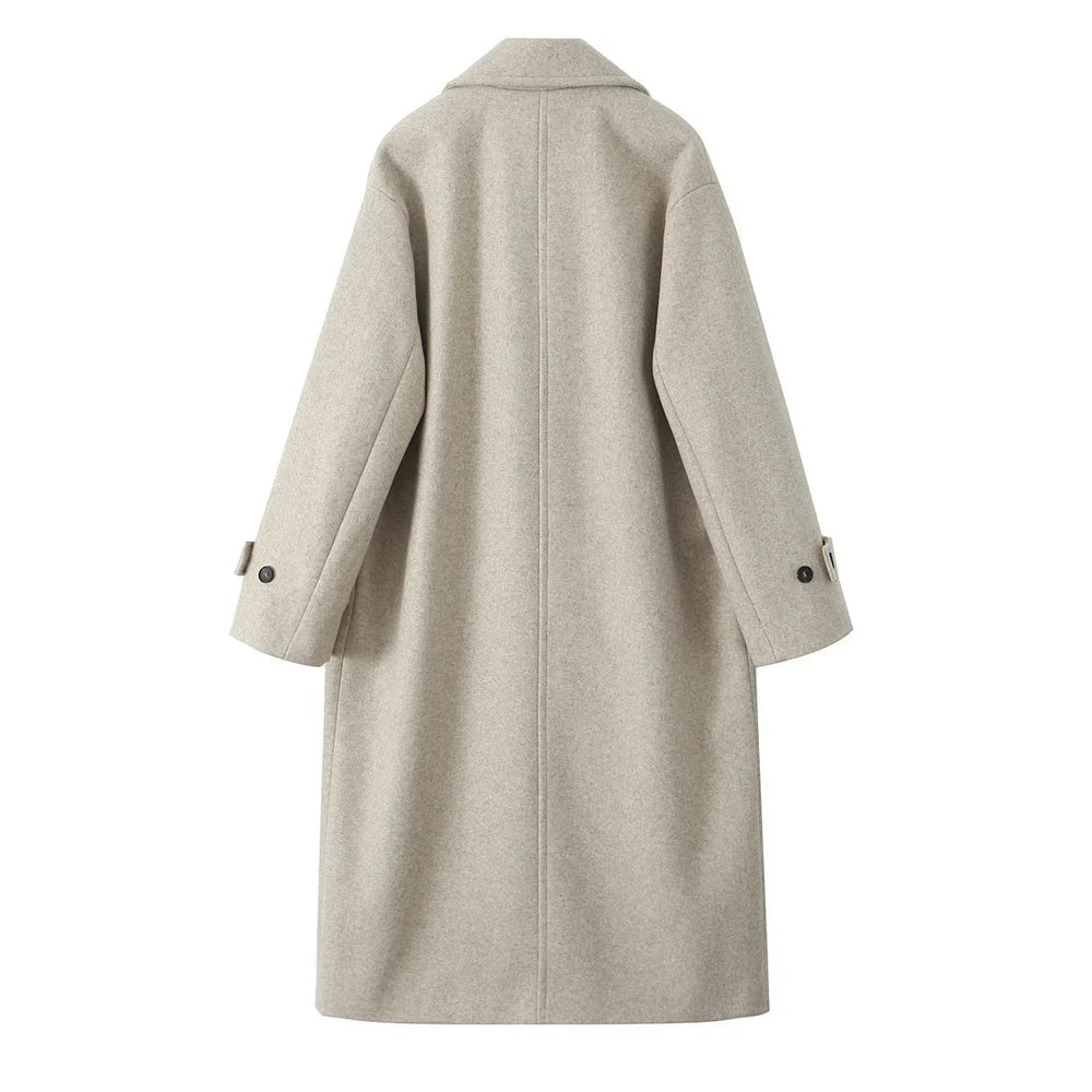 Cappotto lungo donna beige, lana, design elegante, bottoni su polsini, moda autunno inverno, abbigliamento femminile, stile classico.