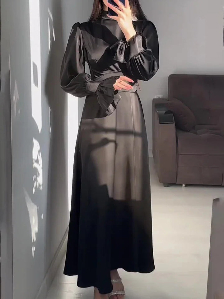 Abito da sera Donna in Raso Lungo Trapezio Maniche Lunghe Sbuffo - Vesarelli