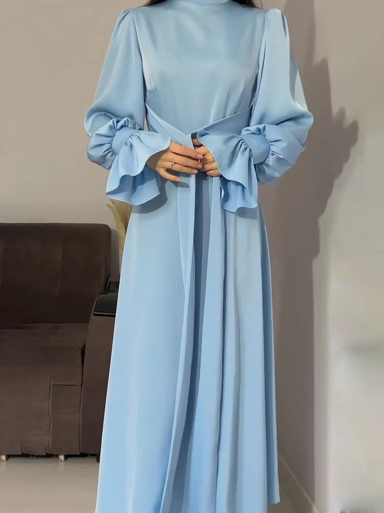 Abito da sera Donna in Raso Lungo Trapezio Maniche Lunghe Sbuffo