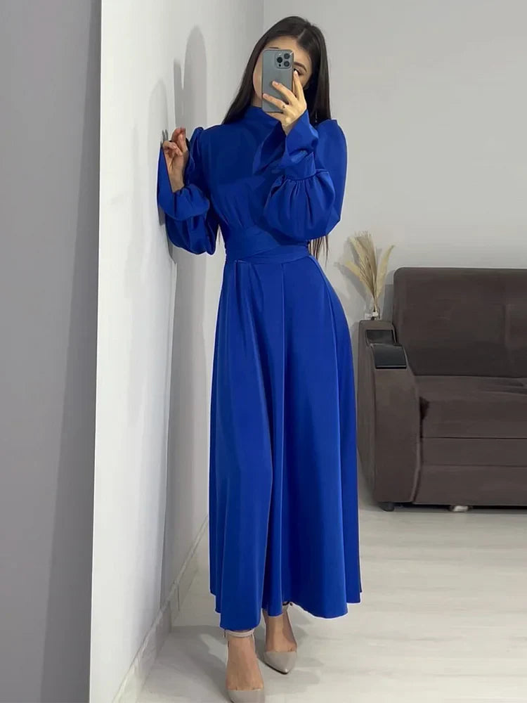 Abito da sera Donna in Raso Lungo Trapezio Maniche Lunghe Sbuffo