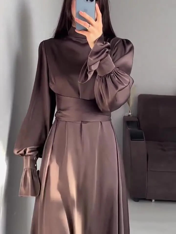 Abito da sera Donna in Raso Lungo Trapezio Maniche Lunghe Sbuffo
