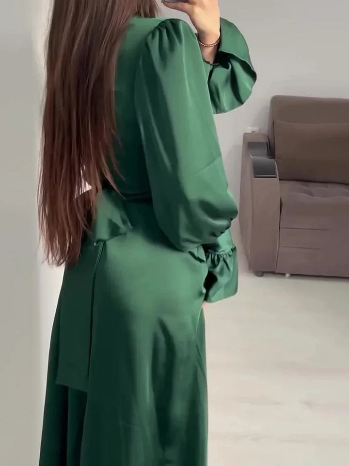 Abito da sera Donna in Raso Lungo Trapezio Maniche Lunghe Sbuffo