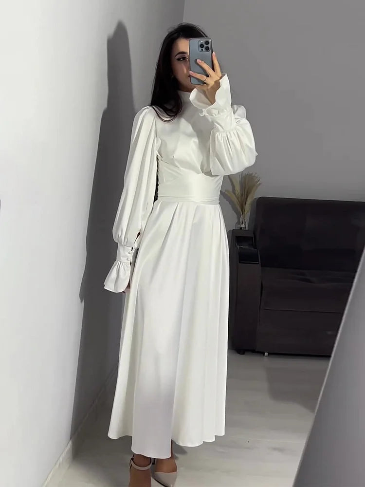 Abito da sera Donna in Raso Lungo Trapezio Maniche Lunghe Sbuffo